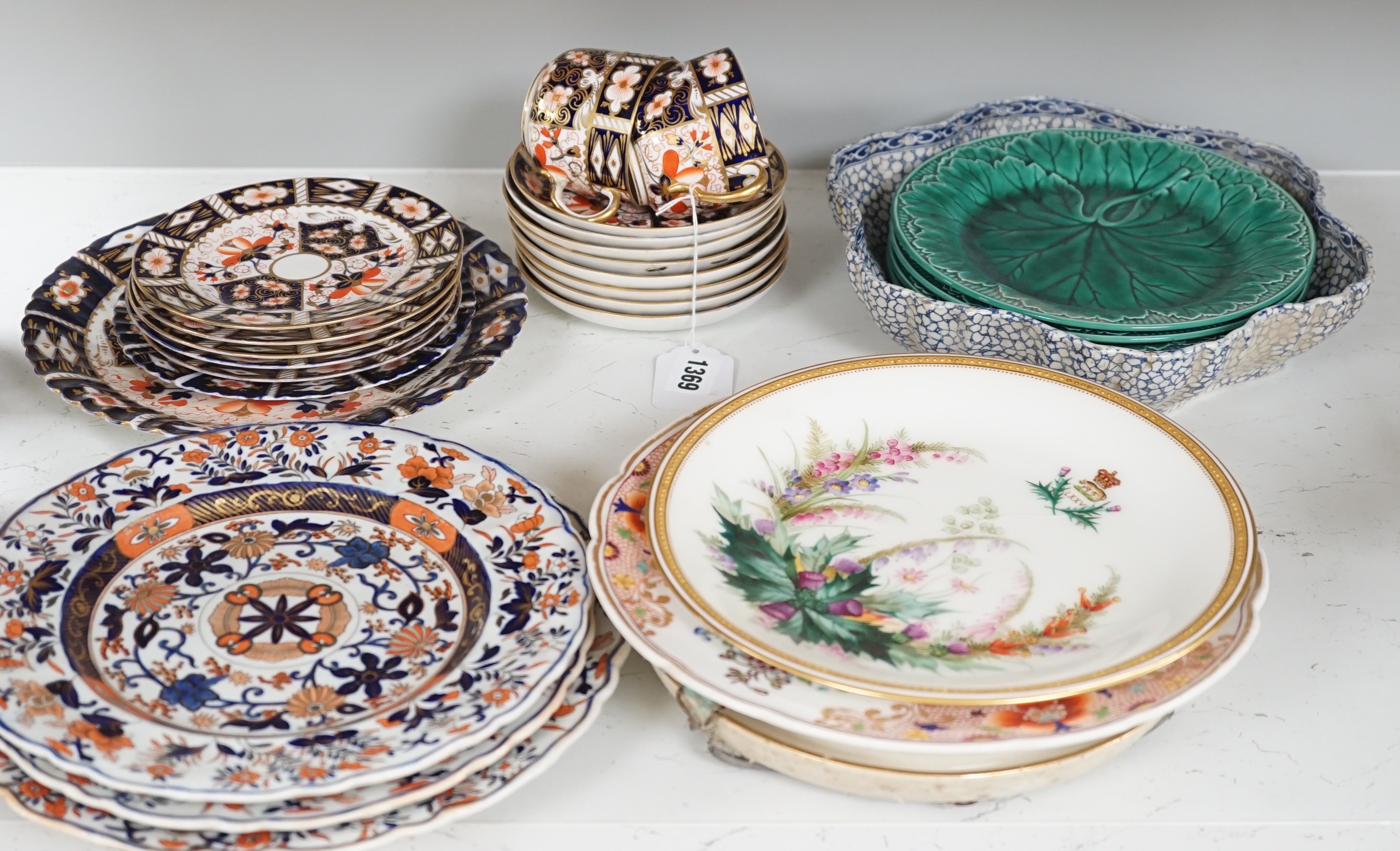 A quantity of Royal Crown Derby Imari teawares, Masons ironstone plates and further 19th century ceramics